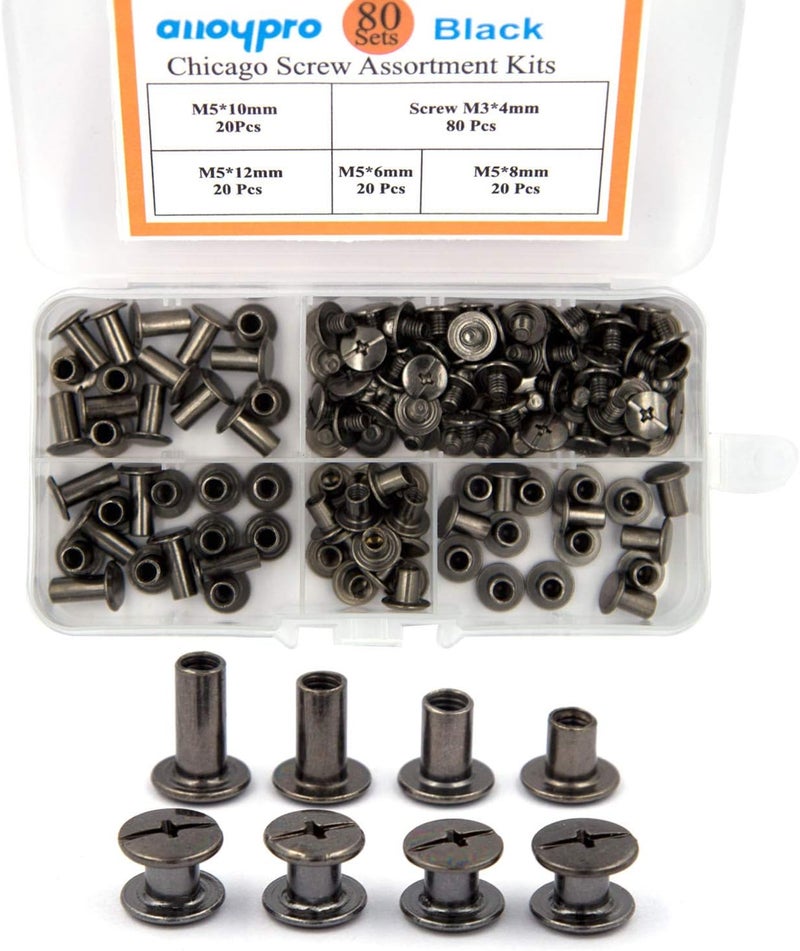 ALLOYPRO 80 Sets Chicago Screws Assorted Kit 4 Sizes Gun Metal Leather Rivets 1/4 5/16 3/8 1/2 Screw Rivets Slotted Phillip Head Book Binding Posts Nail Rivet Chicago Bolt for DIY Leather Craft M5 - Image 1
